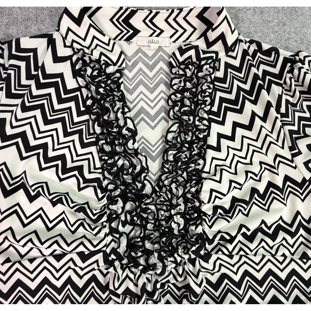 Womens Black White Zig Zag Chevron Ruffle Neck Short Sleeve Dress XL Y2K